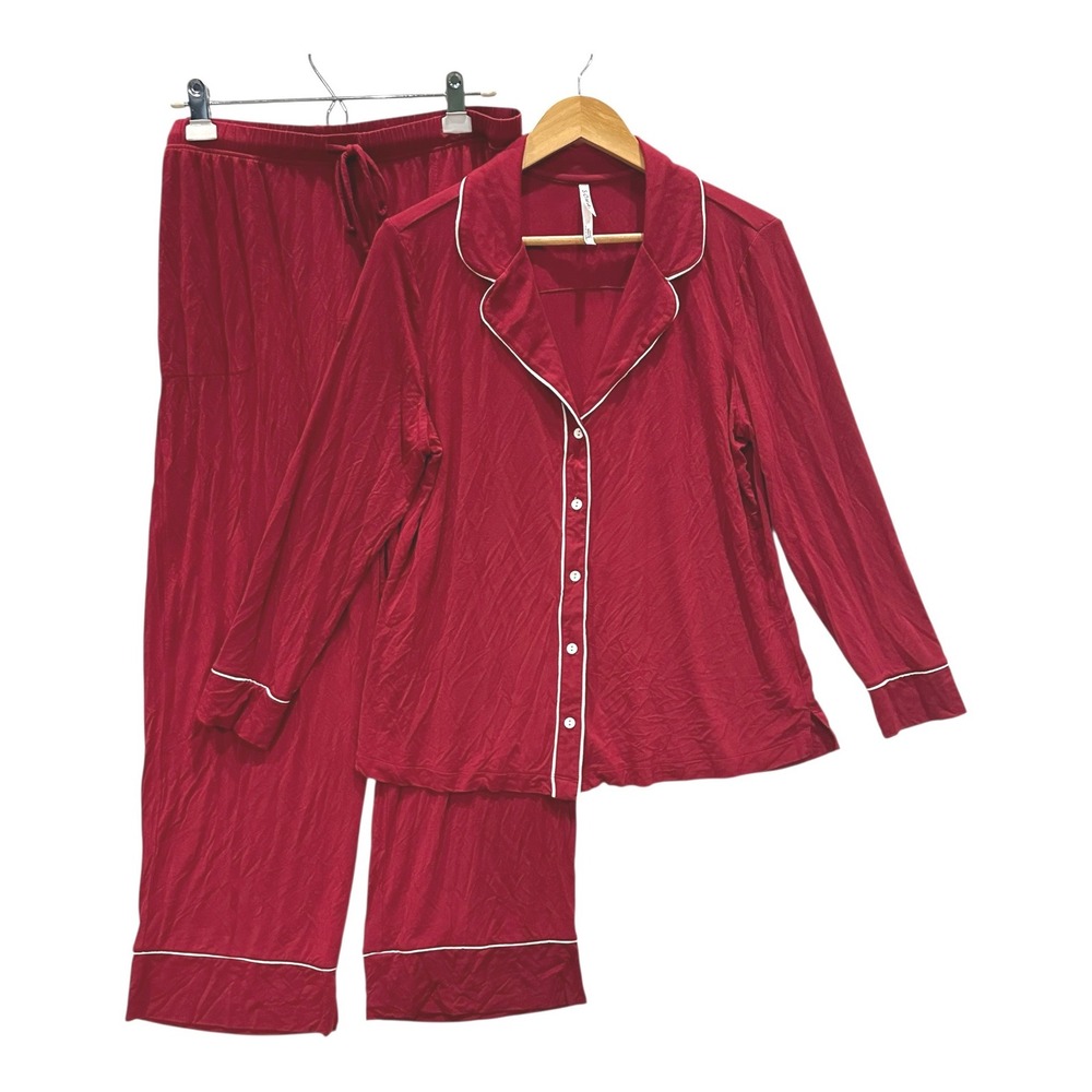 Soma Cool Nights Pajama Set Red White Piping Long Sleeve Button Down Pants L